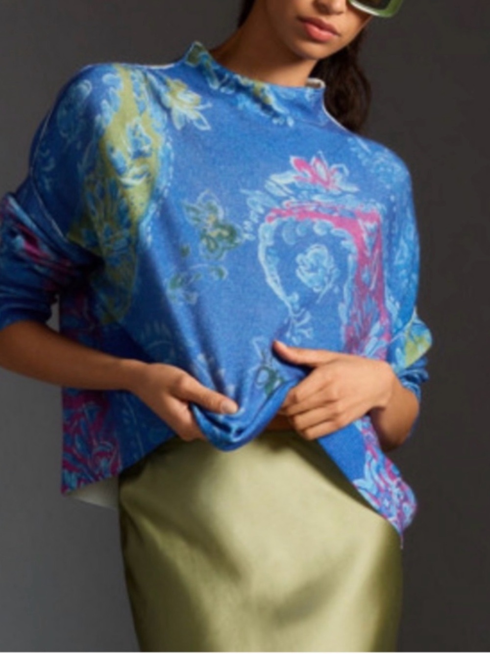 Anthropologie Pilcro Alani 100% Cashmere Mock Neck Sweater Blue Paisley M